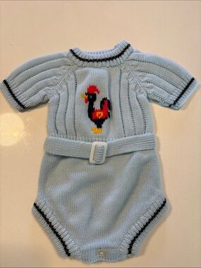 Vintage Mid Century Light Blue Knit Baby Romper with Rooster Motif